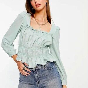 MNG Mango	| Ruffle Detail Square Neck Shirred Milkmaid Blouse in Sage | Medium